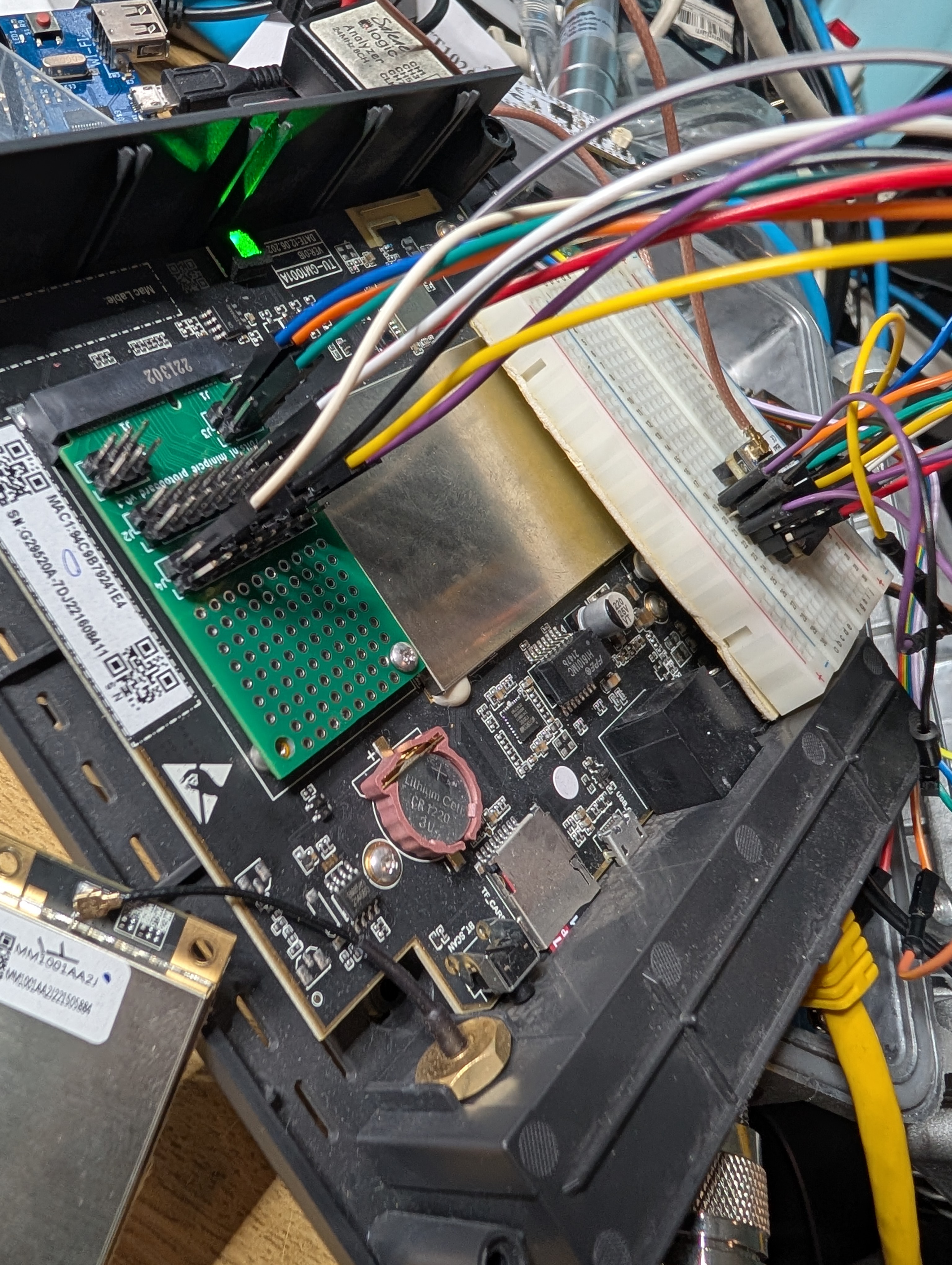 photo of bobcat with sx1262 connected to minipcie via protoboard